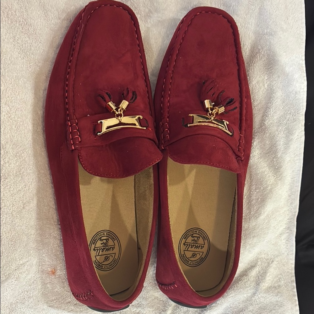 Burgundy Suede Slip-On Loafers with Gold Accents (Never Worn)